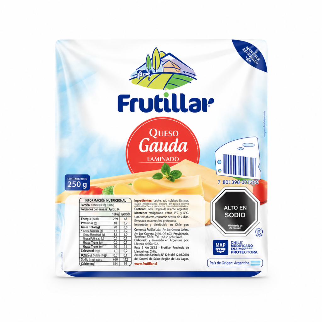 queso gauda laminado250 grs, frutillar