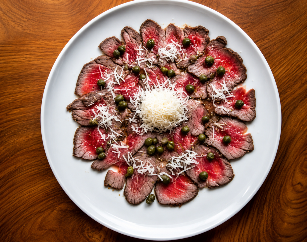 carpaccio de filete con limoneta de parmesano y alcaparras 150g
