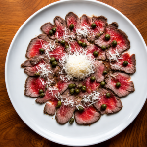carpaccio de filete con limoneta de parmesano y alcaparras 150g
